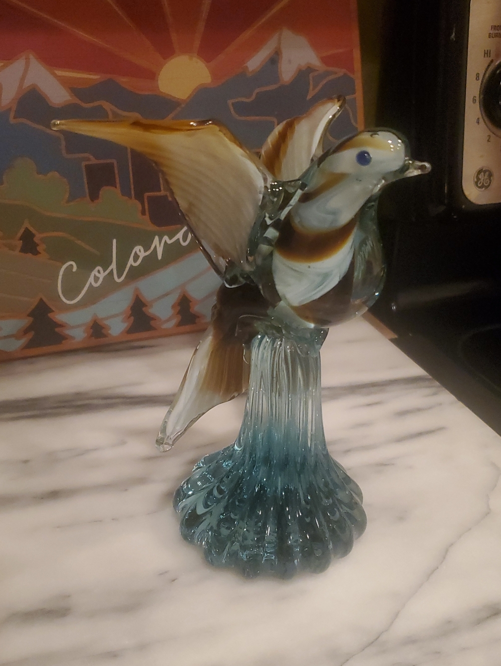 Murano Style Glass Bird Sculpture - Blue and Amber